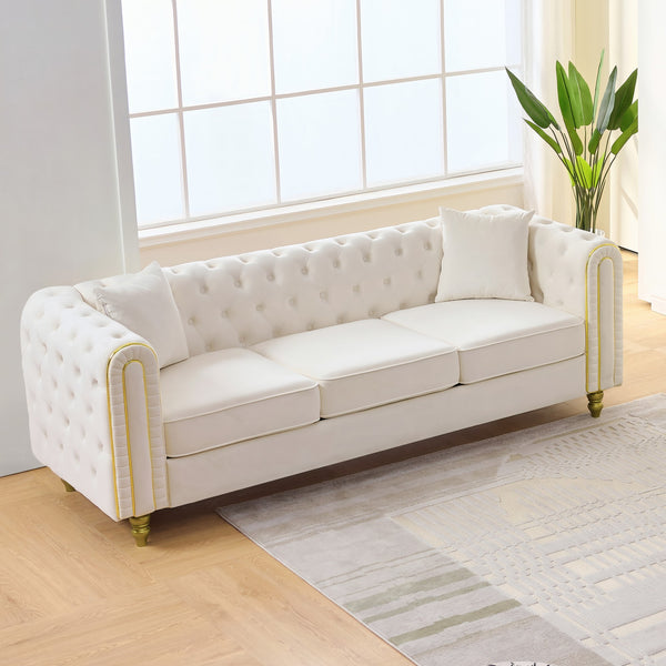 English Elm 86" Chesterfield Velvet Three Seat Sofa Button Tufted Rolled Arms Gold Legs Living Room Beige W3373S00079