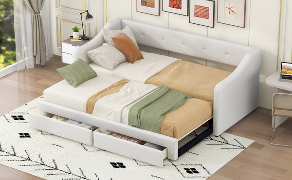 English Elm Twin XL Upholstered Daybed with Two Drawers — Convertible King Sofa Bed, Buttoned Back, Linen Upholstery Beige DL002056AAA