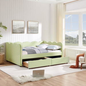 English Elm Full Size Gingham Linen Daybed with Wave Backrest Trundle and Usb Charging Port Green W1413S00147