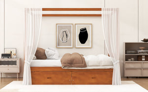 English Elm Wooden Canopy Queen Bed Solid Frame with Built-in Storage Drawers Slatted Base Walnut N7090005037L
