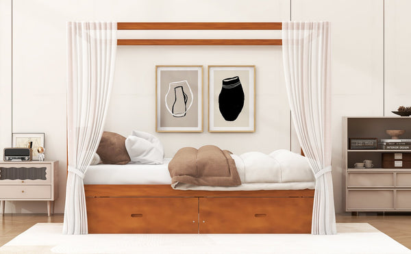 English Elm Wooden Canopy Queen Bed Solid Frame with Built-in Storage Drawers Slatted Base Walnut N7090005037L