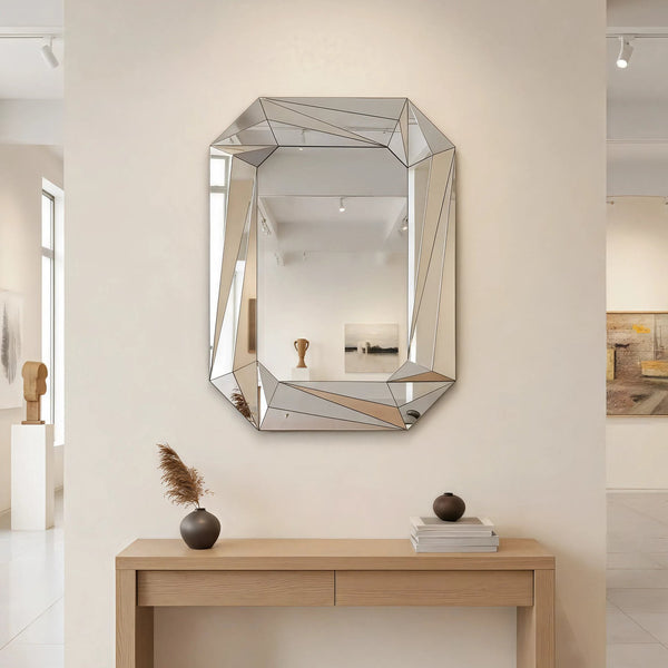 English Elm Diamond Frameless Beveled Wall Mirror Sculptural Silver Glass Accent for Any Room W3836P409964