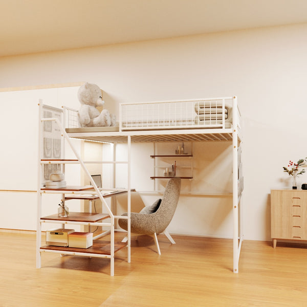 English Elm Black Metal Loft Bed with Built-in Desk Rgb Led Lighting and Charging Station White W1671S00007