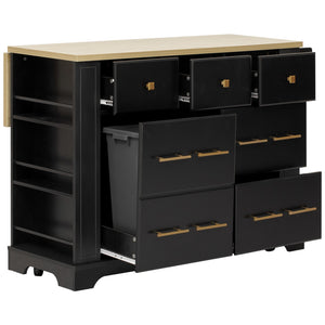 English Elm K&k Rolling Kitchen Island Six Drawers Drop Leaf Built-in Charging Vintage Style Black N707S307292B