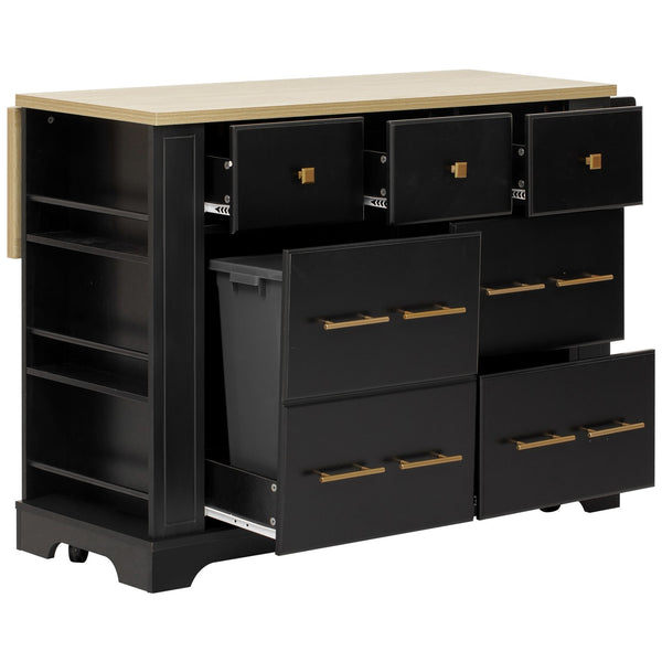 English Elm K&k Rolling Kitchen Island Six Drawers Drop Leaf Built-in Charging Vintage Style Black N707S307292B