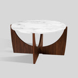 35" Round Coffee Table with Open Crossed Arch Base Calacatta Marble, Dark Walnut LNAL1KCMDW Walker Edison