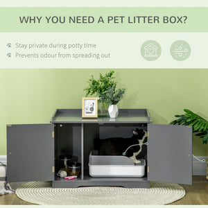 English Elm PawHut Farmhouse Hidden Cat Litter Box End Table with Magnetic Doors, Wide Storage & Side Shelf Grey W2225P229313