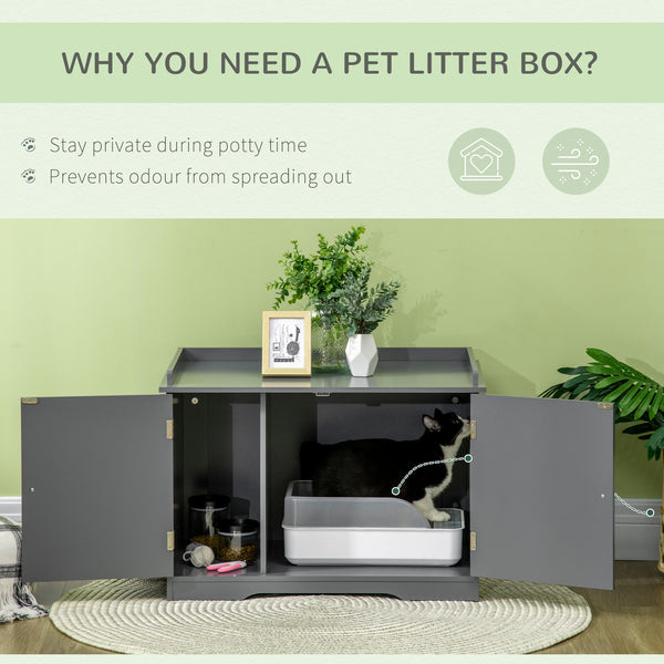 English Elm PawHut Farmhouse Hidden Cat Litter Box End Table with Magnetic Doors, Wide Storage & Side Shelf Grey W2225P229313