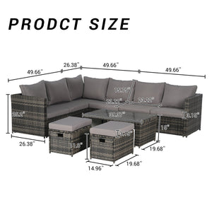 English Elm 6 Piece Outdoor Modular Sectional with Pe Wicker Cushioned Seating and Tempered Glass Table Dark Gray W874S00064