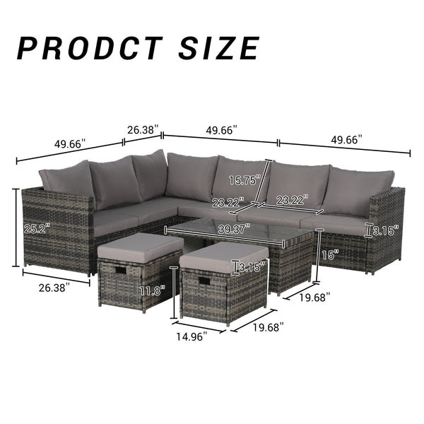 English Elm 6 Piece Outdoor Modular Sectional with Pe Wicker Cushioned Seating and Tempered Glass Table Dark Gray W874S00064