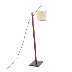 English Elm Arturo Contemporary Floor Lamp - Walnut Wood & Satin Nickel With Woven Rattan Shade For Cozy Spaces B202S01388