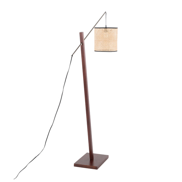 English Elm Arturo Contemporary Floor Lamp - Walnut Wood & Satin Nickel With Woven Rattan Shade For Cozy Spaces B202S01388