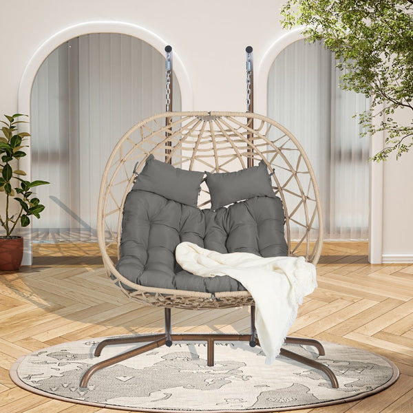 English Elm Double Hanging Wicker Egg Chair with Iron Stand Outdoor Uv Resistant 600 Lb Patio Swing W874P270566