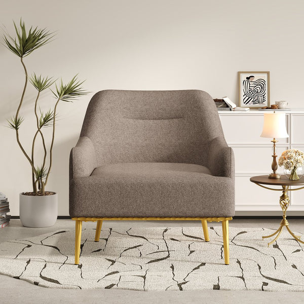 English Elm Modern Chenille Armchair with Curved Back Gold Legs Plush Accent Seat for Any Room Brown N763P360684D