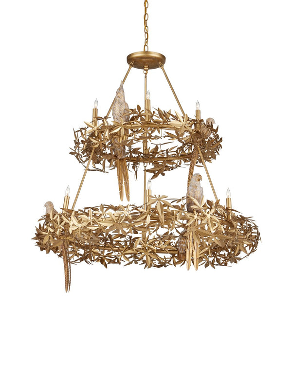 Currey & Company Aviary Gold Ring Chandelier - Elegant Botanical Design With Sculptural Birds And Adjustable Height Gold Wrought Iron ,Composite 9000-1321-currey-company