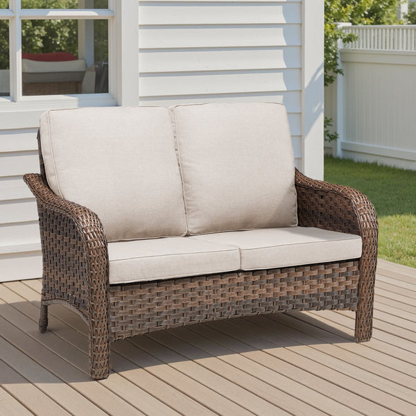 English Elm 49.6" Pe Wicker Patio Loveseat All-weather Steel Frame Deep Seat Outdoor Sofa Beige T3773P417378