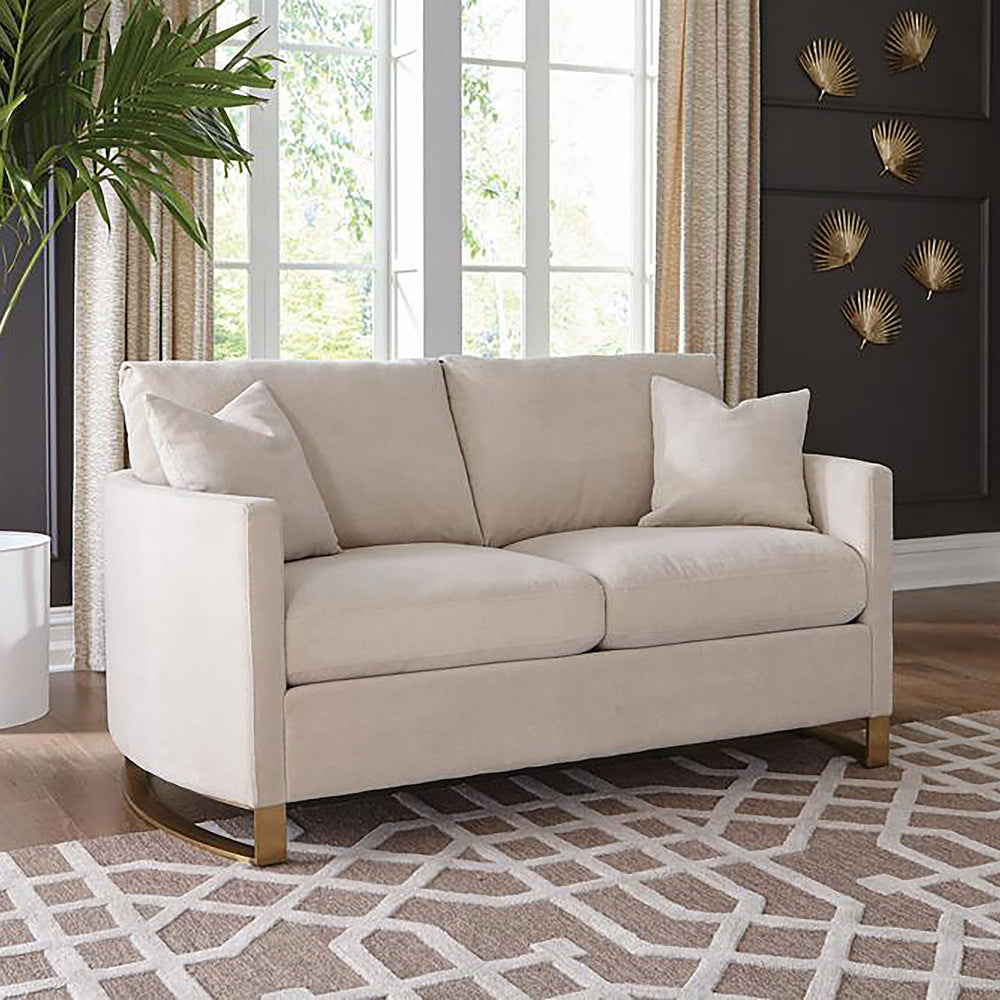 English Elm Rufo Beige Fabric Loveseat with Gold Steel Legs Arched Arms and Feather Cushions B062P357784