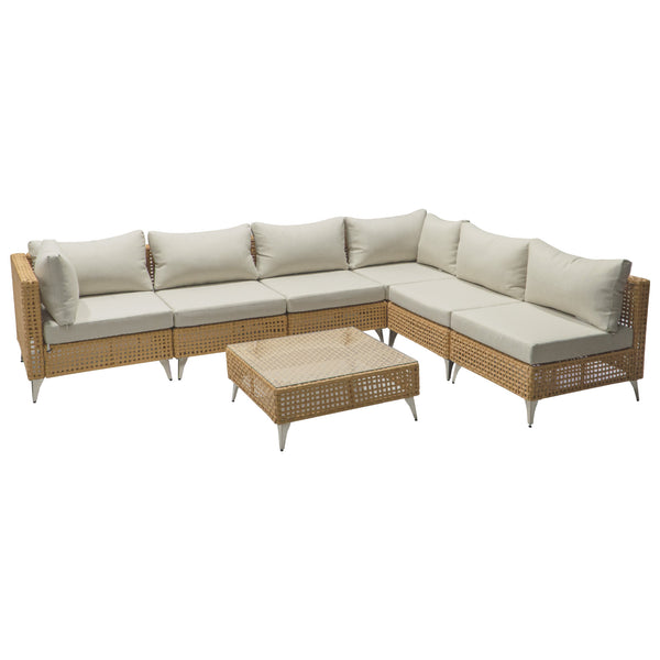 English Elm K&k 7 Piece Outdoor Modular Sectional Wicker Sofa Set with Tempered Glass Coffee Table Beige,Orange N707S000011Z