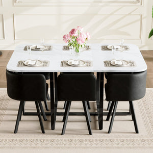 English Elm 7-piece Rectangular Dining Set Seats 6 with Faux Leather Chairs and Melamine Top Black,White W3875S00115