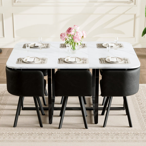 English Elm 7-piece Rectangular Dining Set Seats 6 with Faux Leather Chairs and Melamine Top Black,White W3875S00115