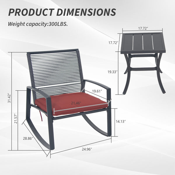 English Elm 2-person Weatherproof Outdoor Bistro Rocking Set with Table, Rust-Proof Metal, Removable Cushions Red W1859P359813