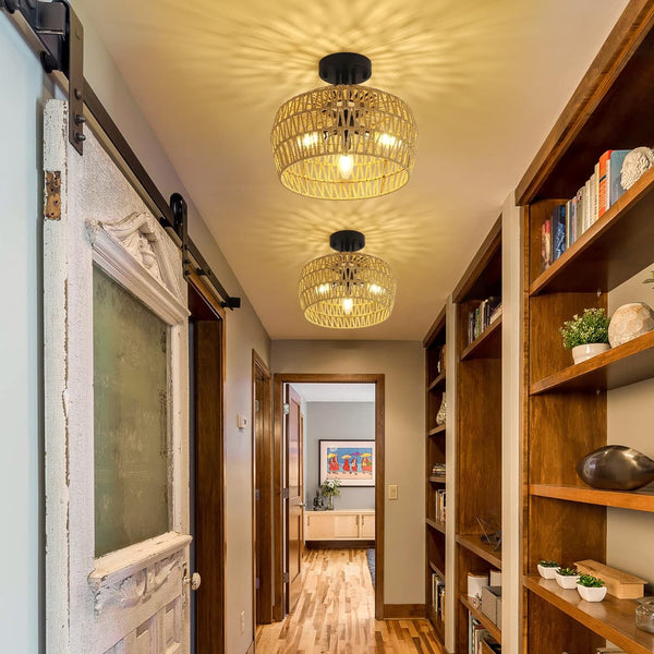 English Elm Semi Flush Rattan Ceiling Light 3-Light Boho Wicker Fixture Handwoven Lampshade Dimmable Cozy Ambience Brown W2738P185407