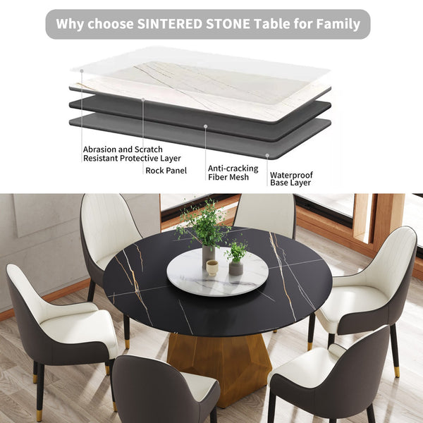 English Elm 53" Round Marble Dining Table With Lazy Susan | Seats 6, Durable Metal Base, Elegant White Finish W1535S00370