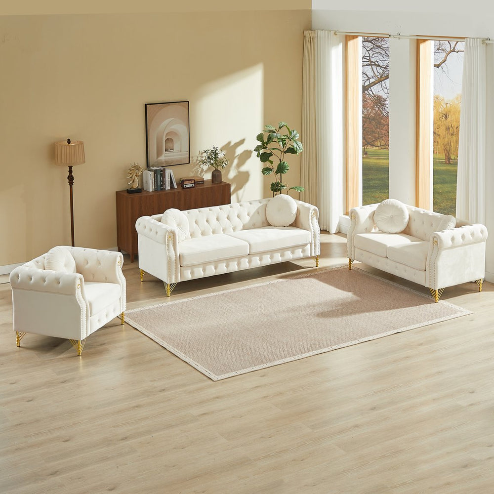 English Elm Velvet Chesterfield Tufted Sofa with Copper Stud Trim and Gold Legs for Glam Living Beige W834S00629