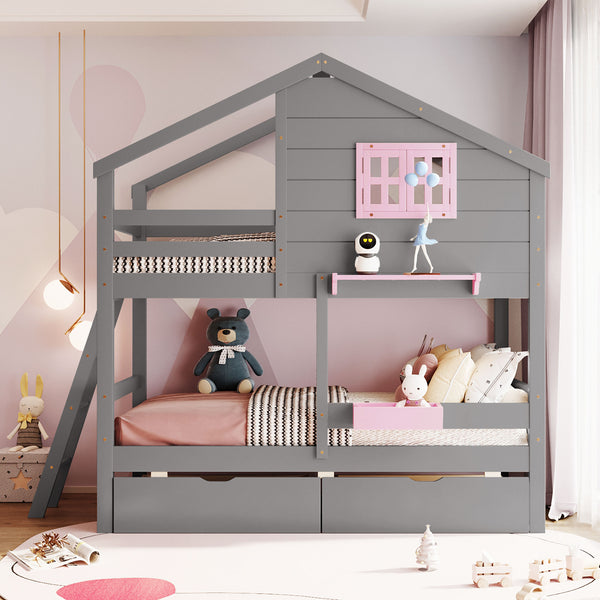 English Elm Twin Playhouse Bunk Bed Pinewood Frame with Pitched Roof Window Shelf and Storage Drawers Gray LT001608AAE-1