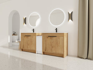 English Elm 84 Inch Freestanding Bathroom Vanity with Integrated Resin Sink, Soft-Close Doors, Shelves & Extra Storage Space Glossy White,Imitative Oak W999S00325