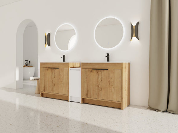 English Elm 84 Inch Freestanding Bathroom Vanity with Integrated Resin Sink, Soft-Close Doors, Shelves & Extra Storage Space Glossy White,Imitative Oak W999S00325