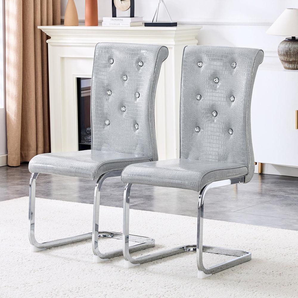 English Elm Set of 2 Glam Faux Alligator Pvc Dining Chairs with Crystal Buckle Bow Legs Gray W3875P371039