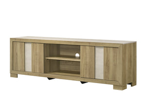 English Elm 1pc Modern Entertainment Console with Industrial Edge, Grey Wood Finish, Open Shelf & Two Drawers Driftwood 19.69 L x 75 W x 26.38 H B2741P295466
