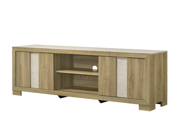 English Elm 1pc Modern Entertainment Console with Industrial Edge, Grey Wood Finish, Open Shelf & Two Drawers Driftwood 19.69 L x 75 W x 26.38 H B2741P295466