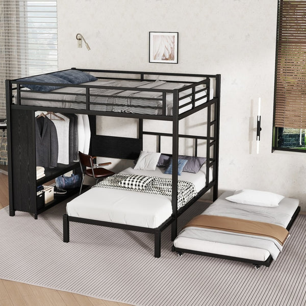 English Elm Queen Over Twin Bunk Bed With Wardrobe, Trundle, Foldable Desk & Noise-Reducing Design In Black W1580S00137-GIGA