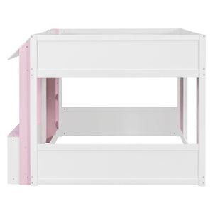 English Elm Twin House Loft Bed with Pull Out Rolling Desk Stair Drawers and Cabinet Storage N820S00074H
