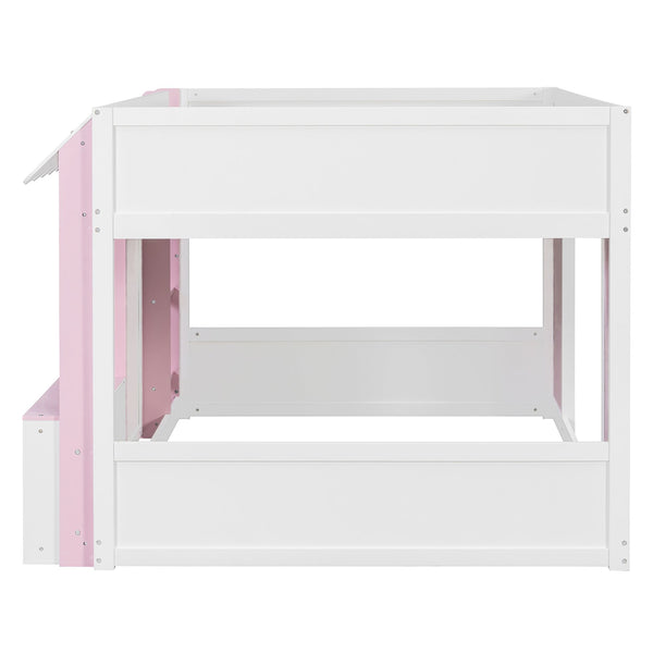 English Elm Twin House Loft Bed with Pull Out Rolling Desk Stair Drawers and Cabinet Storage N820S00074H