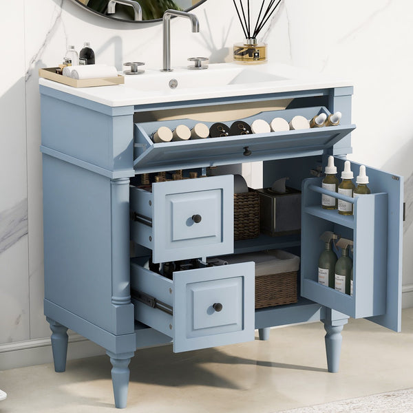 English Elm 30" Freestanding Bathroom Vanity Rubberwood Frame Ceramic Sink Flip Drawer Storage Blue+Grey N725P356062E