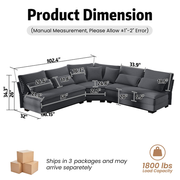 English Elm 5-seater Curved Corner Sectional Sofa Ribbed Corduroy Upholstery with Seven Accent Pillows Dark Gray W2606S00016