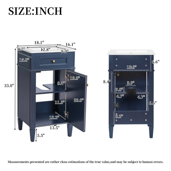 English Elm 18-inch French Style Freestanding Bathroom Vanity with Ceramic Sink Soft Close Storage Blue N710P411340C