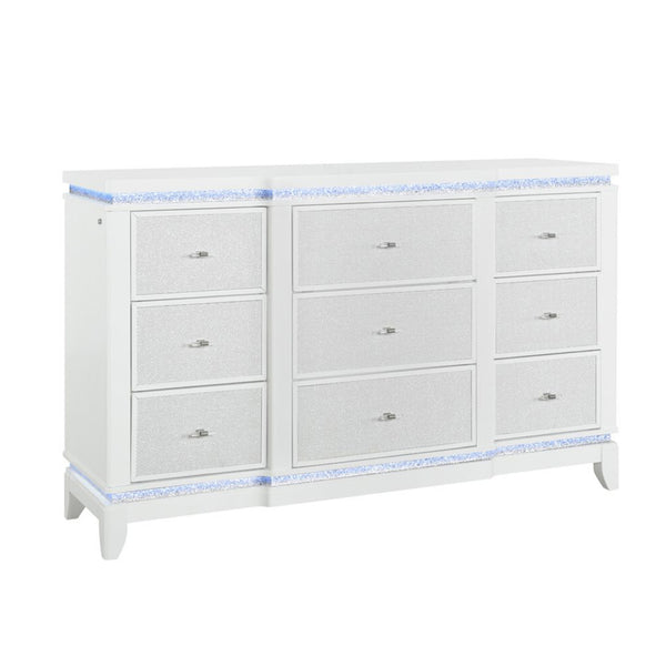 English Elm ADALID Glittered 5-Drawer Chest with LED Lighting, Solid Wood Build, Knob Hardware, Tapered Legs White 65.94 L x 21.46 W x 39.17 H B201P288333