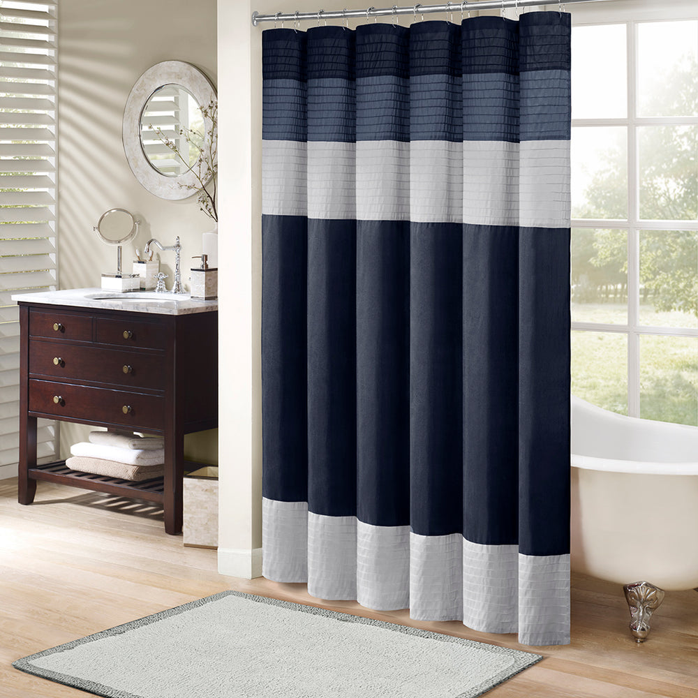 JLA Home Madison Park - Faux Silk Dupioni Shower Curtain with Pintuck Color‑Block Panels, Lightweight Drape, Machine Washable Navy MP70-2206