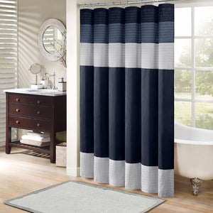 JLA Home Madison Park - Faux Silk Dupioni Shower Curtain with Pintuck Color‑Block Panels, Lightweight Drape, Machine Washable Navy MP70-2206