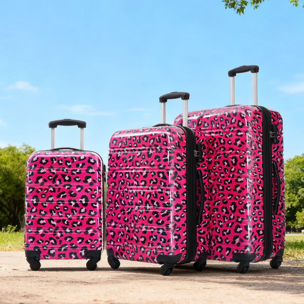 English Elm Hardshell Polycarbonate Luggage Set Three Piece Spinner Suitcases with Tsa Lock Hot Pink Leopard N732P218227H