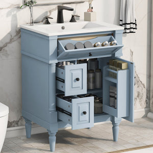 English Elm 24 Inch Freestanding Vanity with Ceramic Sink Rubberwood Frame Matte Finish Storage Blue+Grey N725P356058E