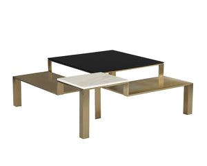 Sunpan Saber Contemporary Coffee Table with Black Glass & White Marble Top, Champagne Gold Frame, 48" Square
