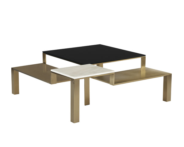 Sunpan Saber Contemporary Coffee Table with Black Glass & White Marble Top, Champagne Gold Frame, 48" Square