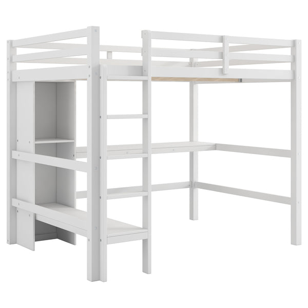 English Elm Full Size Loft Bed With Under-Bed Desk & Multifunction Shelves - Space-Saving White Design For Teens N7090005004K
