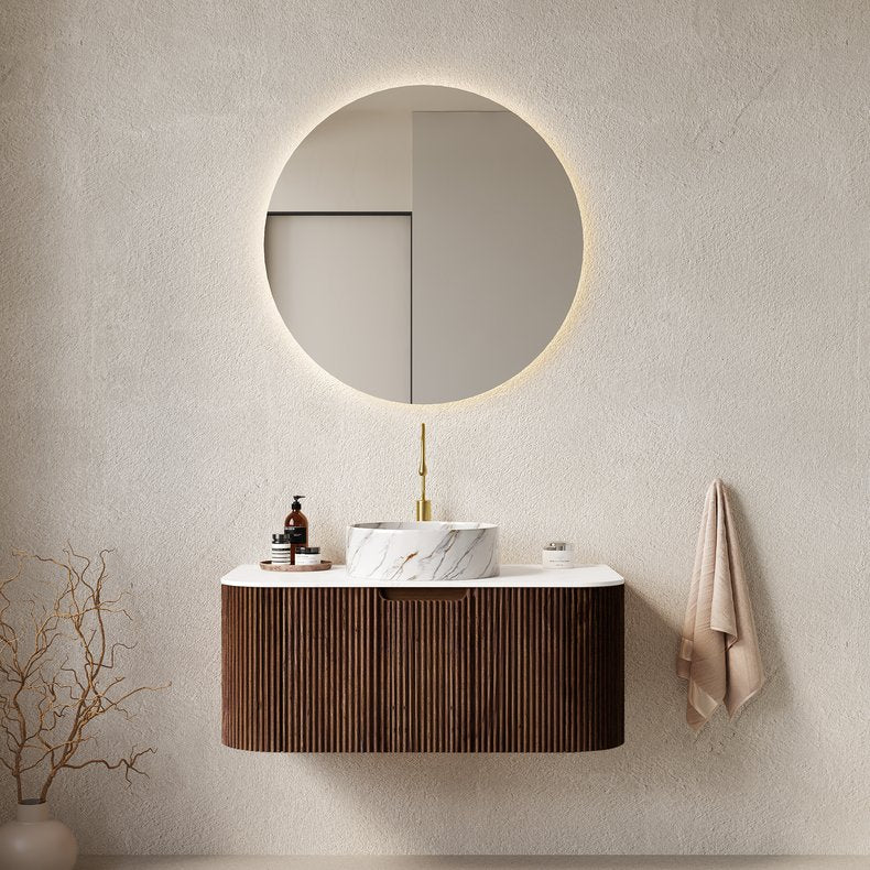 English Elm Dina 36" Elegant Wall-Mounted Bathroom Vanity With Unique Stone Pattern Basin & Dark Walnut Storage W2615S00496