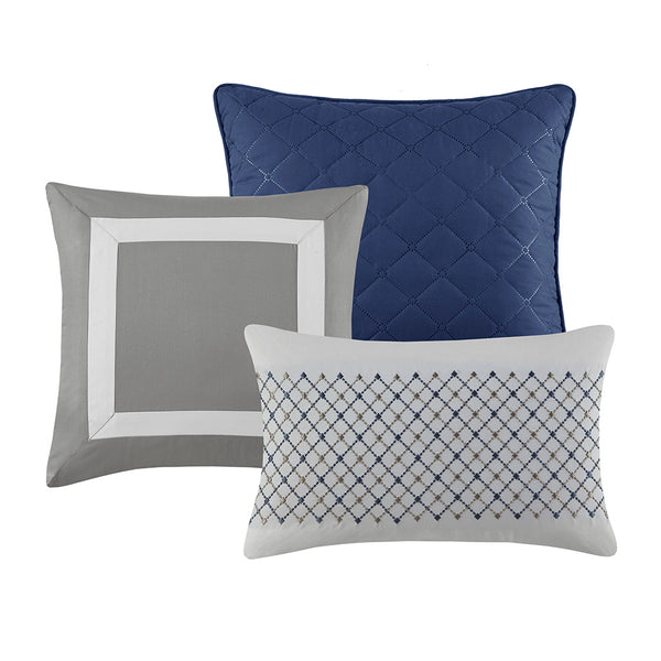 JLA Home Madison Park - 7 Piece Color Block Stripe Comforter Set — Modern Pinsonic & Printed Microfiber, Hypoallergenic Pillows, OEKO-TEX (Grey/Blue) MP10-8323
